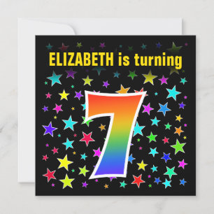 Colourful Stars + Rainbow Pattern "7" Birthday # Invitation