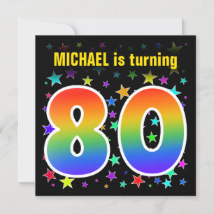 Colourful Stars + Rainbow Pattern "80" Birthday # Invitation