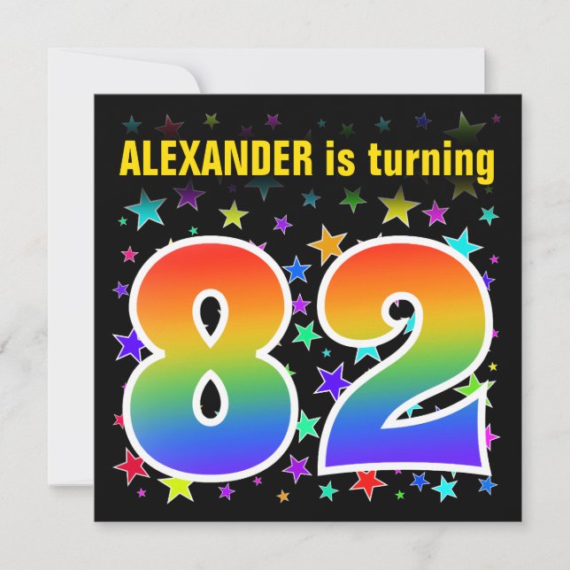 Colourful Stars + Rainbow Pattern "82" Birthday # Invitation (Front)