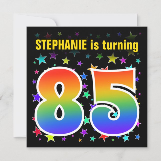 Colourful Stars + Rainbow Pattern "85" Birthday # Invitation (Front)