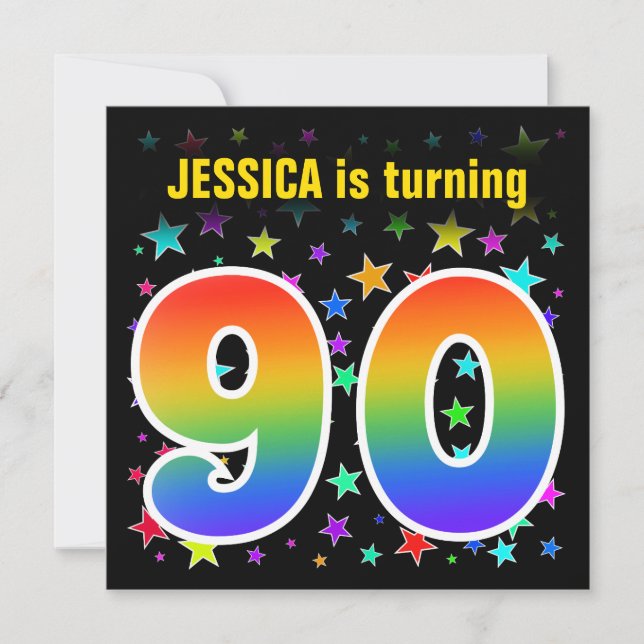 Colourful Stars + Rainbow Pattern "90" Birthday # Invitation (Front)