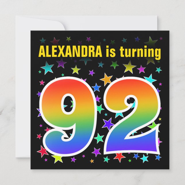 Colourful Stars + Rainbow Pattern "92" Birthday # Invitation (Front)