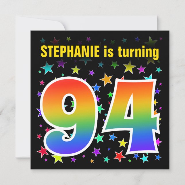 Colourful Stars + Rainbow Pattern "94" Birthday # Invitation (Front)