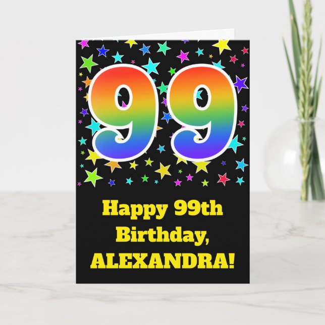 Colourful Stars + Rainbow Pattern "99" Birthday # Card (Front)