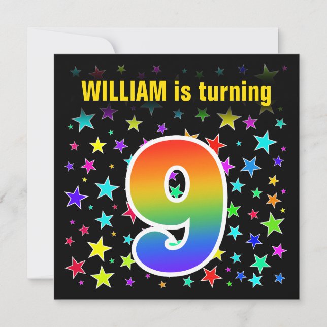Colourful Stars + Rainbow Pattern "9" Birthday # Invitation (Front)