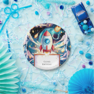 Colourful Stars Rocket Birthday Paper Plate
