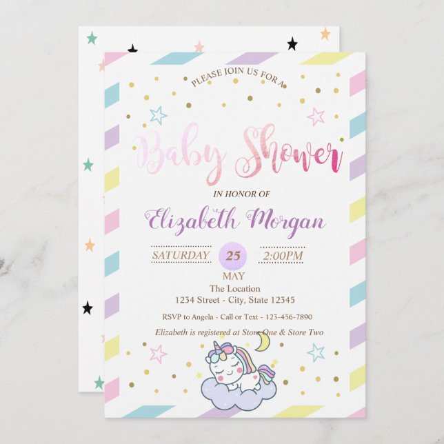 Colourful Stars, Unicorn  Baby Shower Invitation (Front/Back)