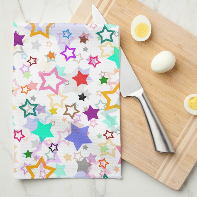 Colourful Stars White  Tea Towel (Quarter Fold)