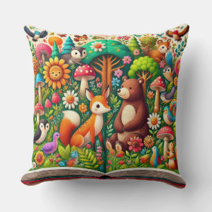 Colourful Storybook Illustration of Forest Animals Cushion