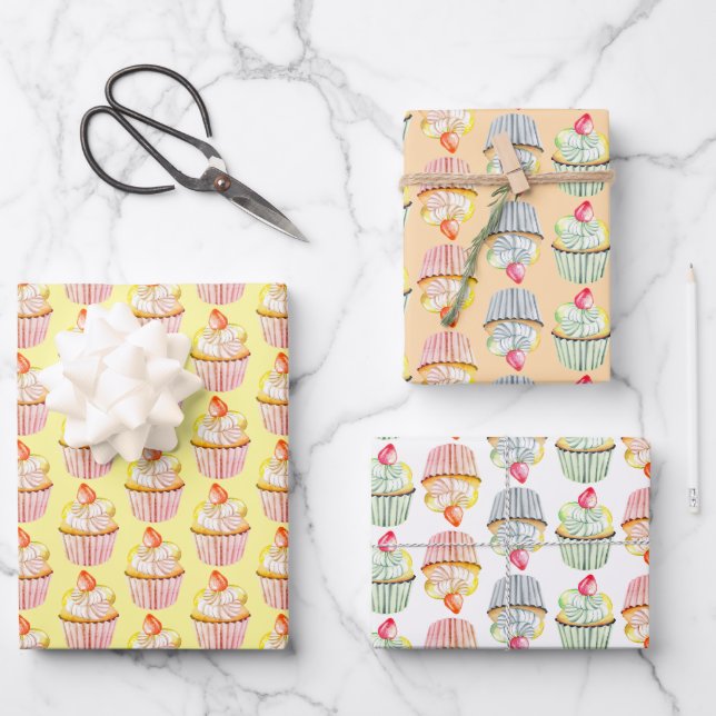 Colourful Strawberry Topped Cupcake Pattern Wrapping Paper Sheet (Front)