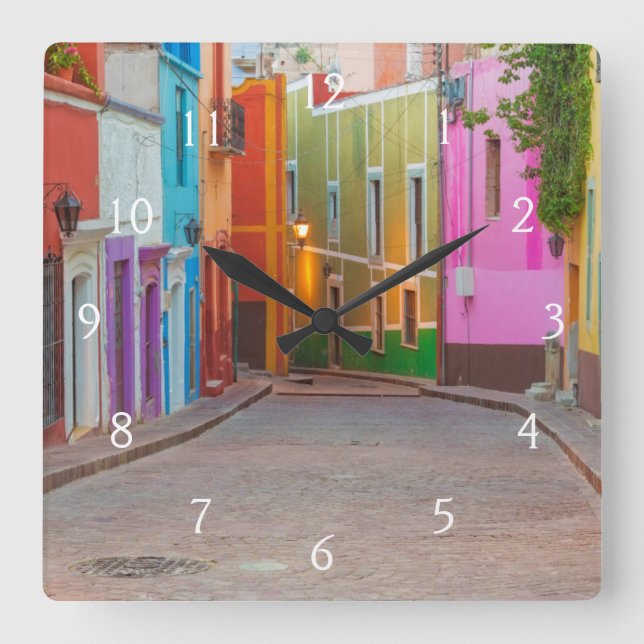 Colourful street scene square wall clock (Front)