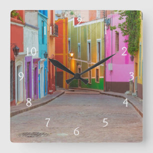 Colourful street scene square wall clock