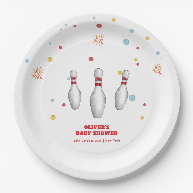 Colourful Strike Up Bowling Sport Baby Shower Paper Plate (Front)