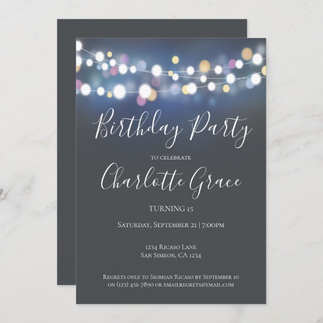 Colourful String Lights Birthday Party Invitation (Front/Back)