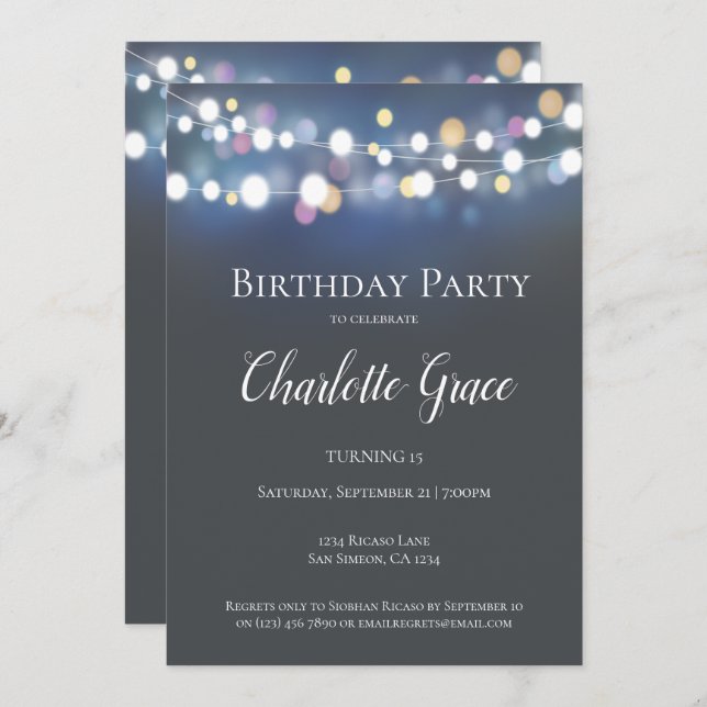 Colourful String Lights Birthday Party Invitation (Front/Back)