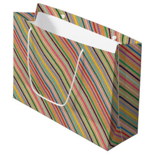 Colourful Stripe Pattern On Rustic Faux Brown Kraf Large Gift Bag
