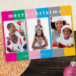 Colourful Striped 3 Photo Collage Merry Christmas Foil Holiday Card<br><div class="desc">Send a bright festive flourish to your friends and family with this colourful Christmas card. On a brightly striped background, the card displays three of your favourite photos in a gallery effect. At the top, the greeting 'Merry Christmas' is in lower case typography with a cool retro appearance. Customise the...</div>