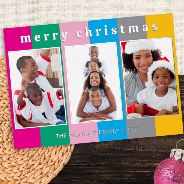 Colourful Striped 3 Photo Collage Merry Christmas Foil Holiday Card (A colorful striped Christmas card to personalize with 3 photos, your name(s) and the year number)