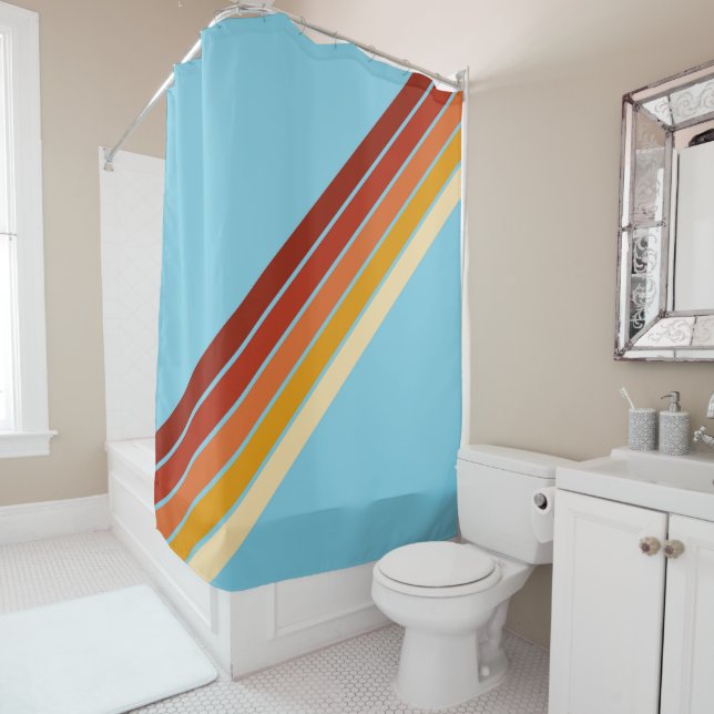 Colourful Striped 70s 80s Retro Racing Stripes Shower Curtain (In Situ)