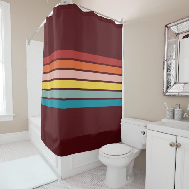 Colourful Striped 70s 80s Retro Racing Stripes Shower Curtain (In Situ)