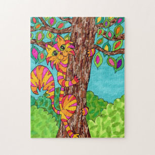 Colourful Striped Cat Tree Cute Fun Cartoon Drawin Jigsaw Puzzle