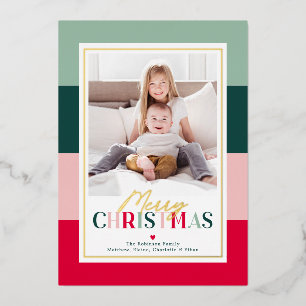 Colourful Striped Merry Christmas Photo Foil Holiday Card