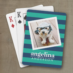 Colourful Striped Pattern Custom Name and Photo Playing Cards