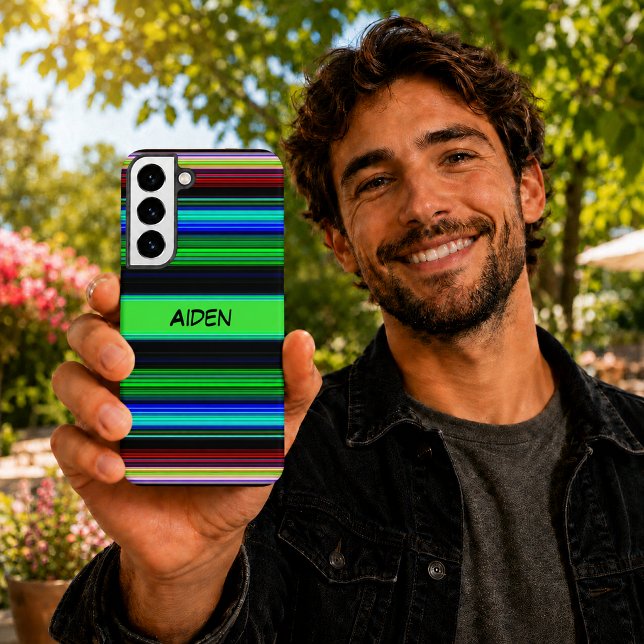Colourful Striped Pattern with Black Custom Name Samsung Galaxy S22+ Case (Colorful Striped Pattern with Black Custom Name Samsung Galaxy Case)