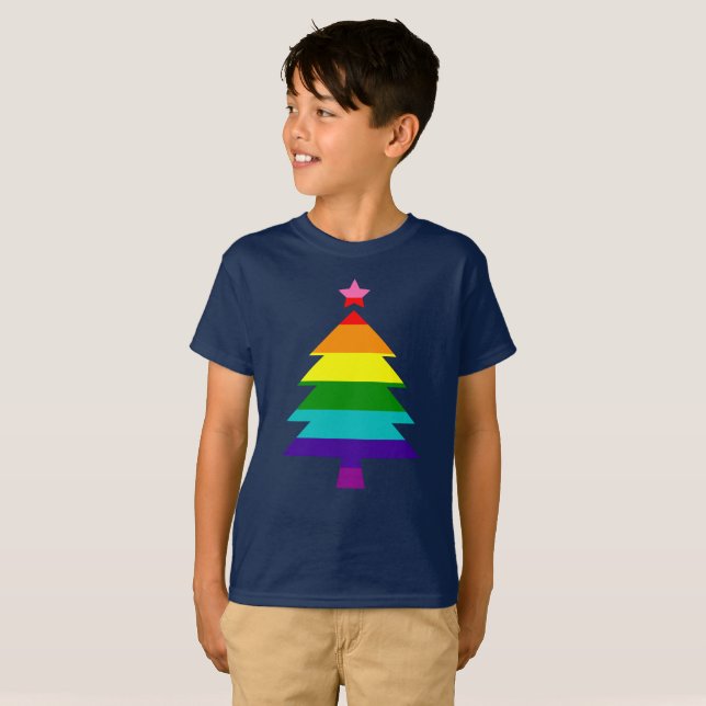 Colourful Striped Rainbow Christmas Tree T-Shirt (Front Full)
