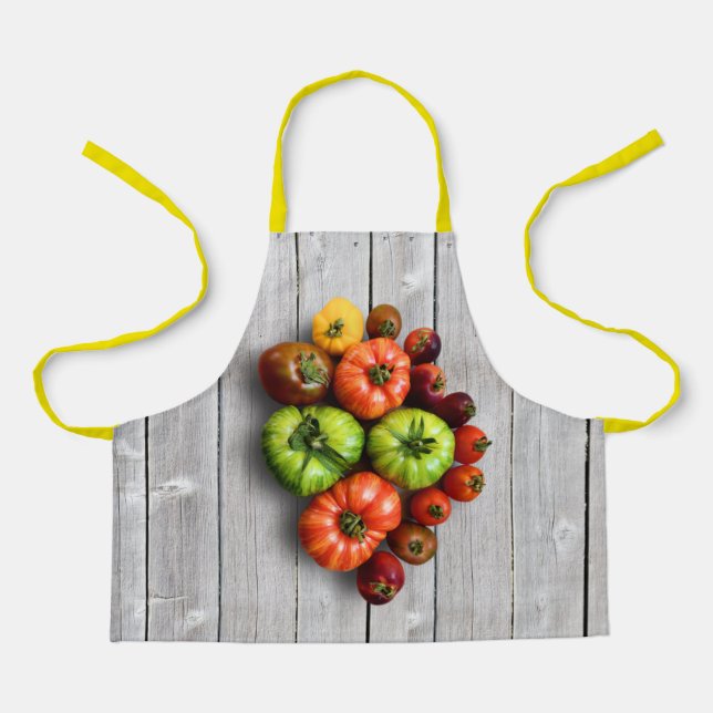 Colourful Striped Tomatoes on Weathered Table Apron (Front)