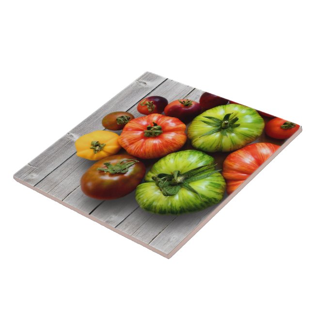 Colourful Striped Tomatoes on Weathered Table Ceramic Tile (Side)