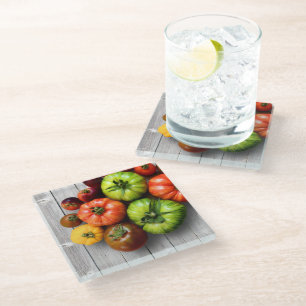 Colourful Striped Tomatoes on Weathered Table Glass Coaster