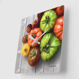 Colourful Striped Tomatoes on Weathered Table Square Wall Clock