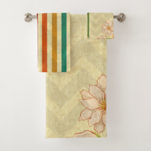 Colourful Stripes And Beige Flowers Pattern Bath Towel Set