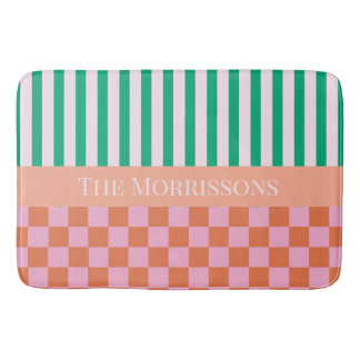 Colourful Stripes and Checks Green Pink Orange Bath Mat