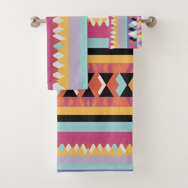 colourful stripes and triangles Pattern mix Bath Towel Set (Insitu)