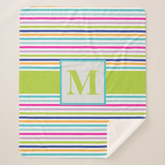 Colourful Stripes - Blue, Orange, Pink, Green, Tea Sherpa Blanket (Front)