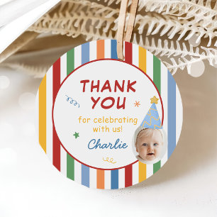 Colourful Stripes Boy 1st Birthday Photo Favour Tags