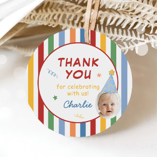 Colourful Stripes Boy 1st Birthday Photo Favour Tags