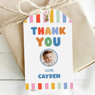 Colourful Stripes Boy 1st Birthday Photo Gift Tags