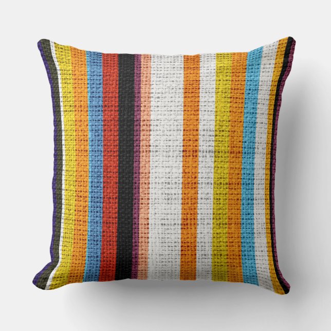 Colourful Stripes Burlap Linen Rustic Jute #4 Cushion (Front)