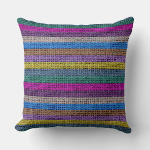 Colourful Stripes Burlap Linen Rustic Jute #5 Cushion