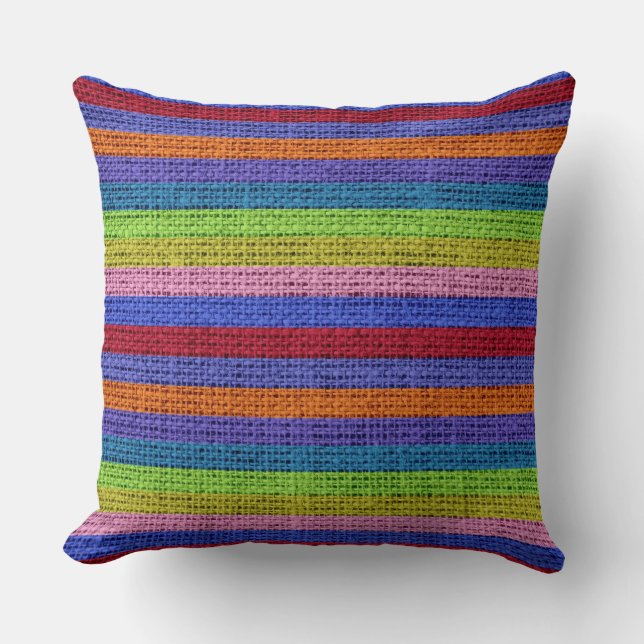 Colourful Stripes Burlap Linen Rustic Jute Cushion (Front)