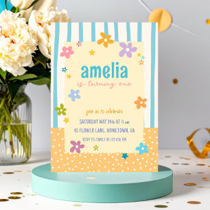 Colourful Stripes Floral Baby First Birthday Party Invitation