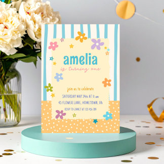 Colourful Stripes Floral Baby First Birthday Party Invitation