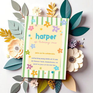 Colourful Stripes Floral First Birthday Party Invitation