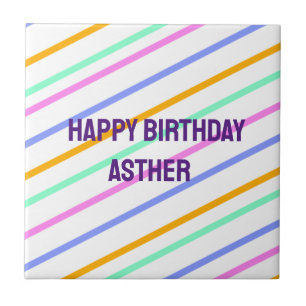Colourful stripes happy birthday add name chevron ceramic tile