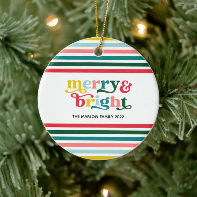 Colourful Stripes Merry & Bright Custom Christmas Ceramic Ornament (Tree)