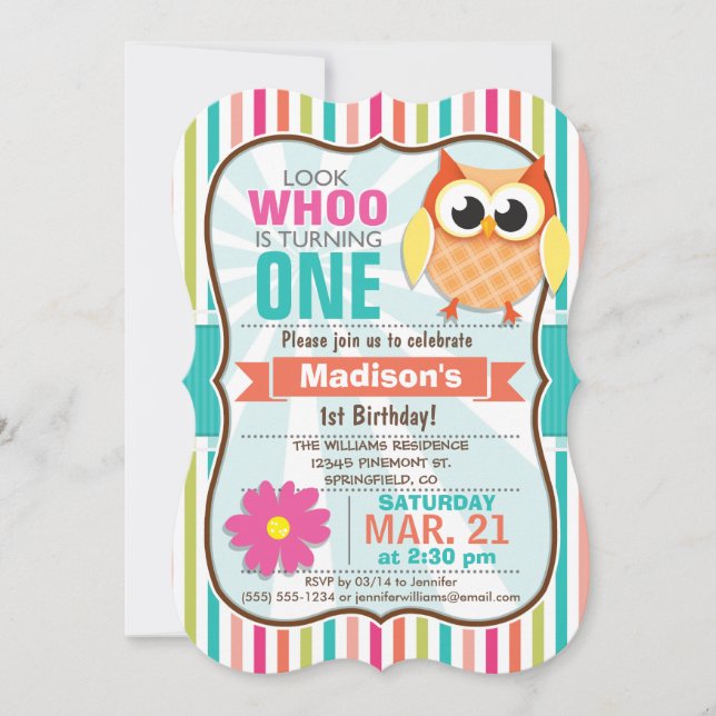 Colourful Stripes Owl Birthday Party Invitation (Front)