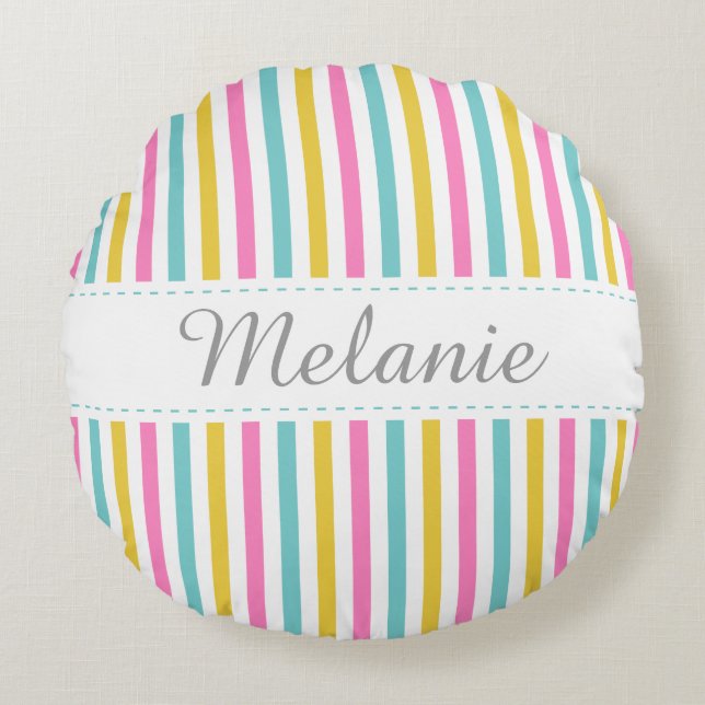 Colourful Stripes Pattern Custom Name Round Cushion (Front)